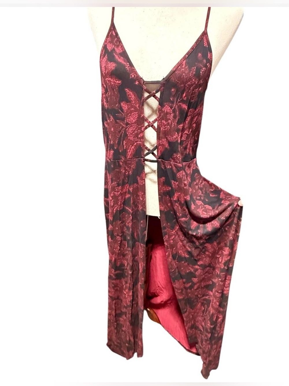 Wild Pearl Open Lace Front Maxi Floral Slip Dress Sz XL Whimsigoth Vamp Witchy
